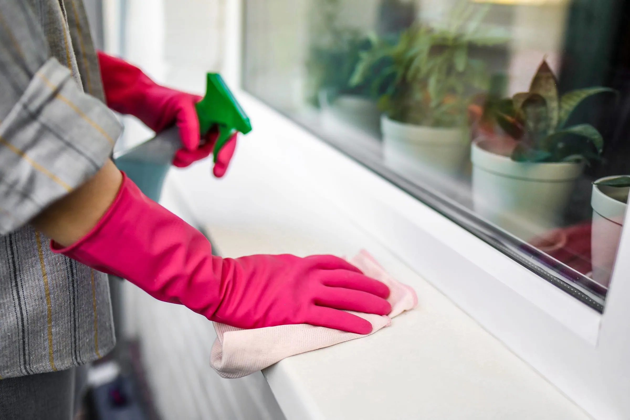 Gloved hands wiping down a windowsill with cloth and spray